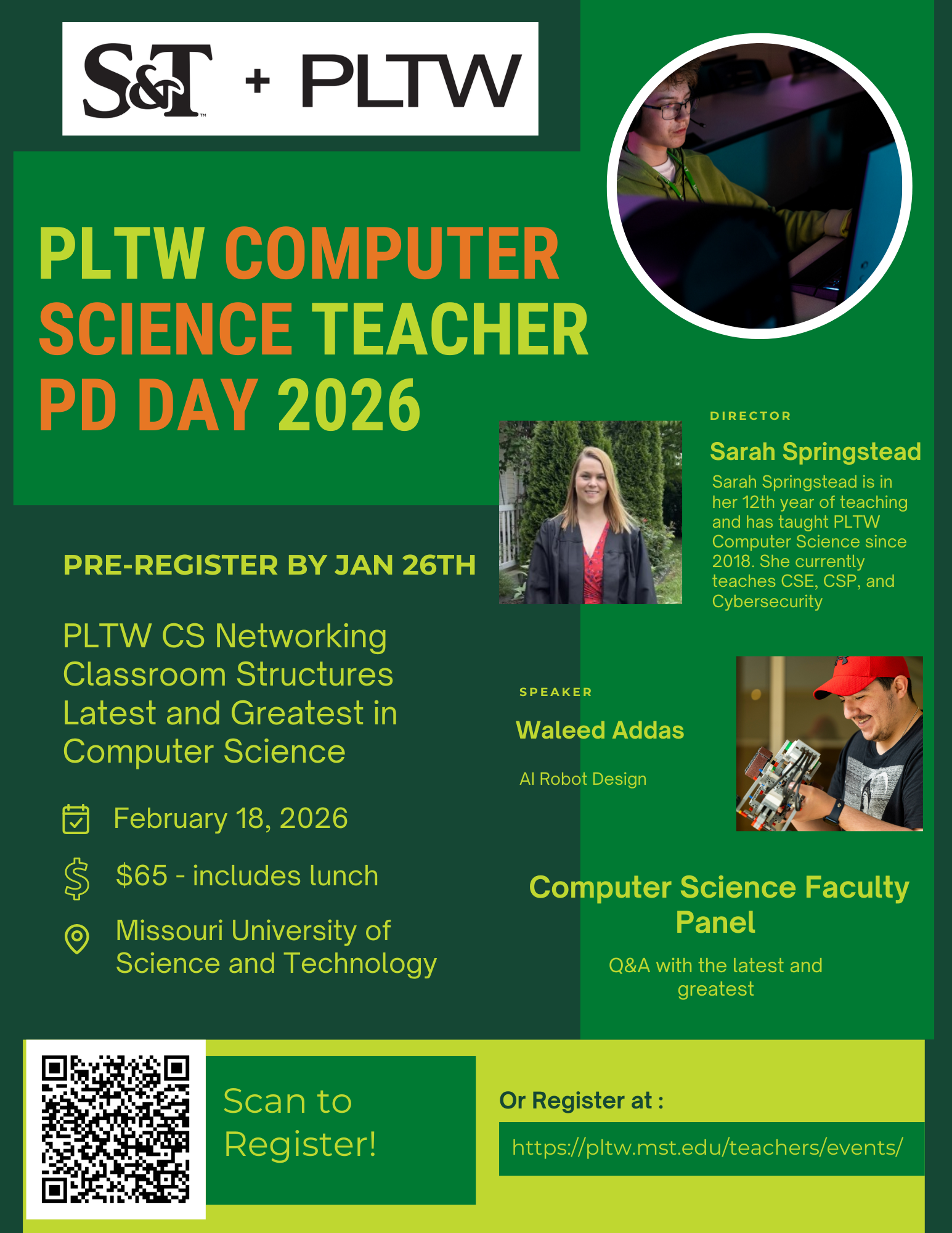 PLTW-S&T Computer Science Poster 2026 with a variety of photos and promotion of college credits for PLTW students at Missouri S&T.